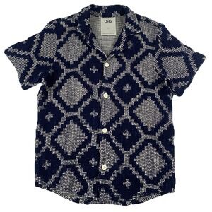 OAS Navy and White Crocheted Geometric Short Sleeve Button-Down Shirt